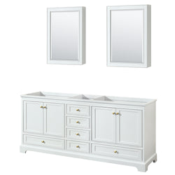 Wyndham Collection Deborah 80 Inch Double Bathroom Vanity in White, No Countertop, No Sinks, Brushed Gold Trim, With Mirror - Luxe Bathroom Vanities