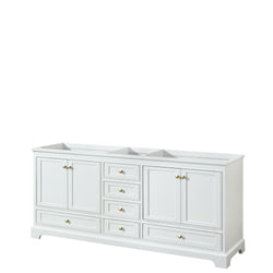 Wyndham Collection Deborah 80 Inch Double Bathroom Vanity in White, No Countertop, No Sinks, Brushed Gold Trim, With Mirror - Luxe Bathroom Vanities