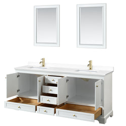 Wyndham Collection Deborah 80 Inch Double Bathroom Vanity in White, Marble Countertop, Undermount Square Sinks, Brushed Gold Trim - Luxe Bathroom Vanities