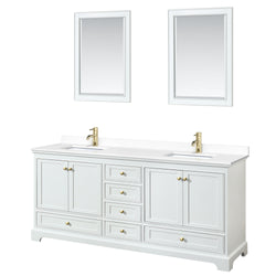 Wyndham Collection Deborah 80 Inch Double Bathroom Vanity in White, Marble Countertop, Undermount Square Sinks, Brushed Gold Trim - Luxe Bathroom Vanities