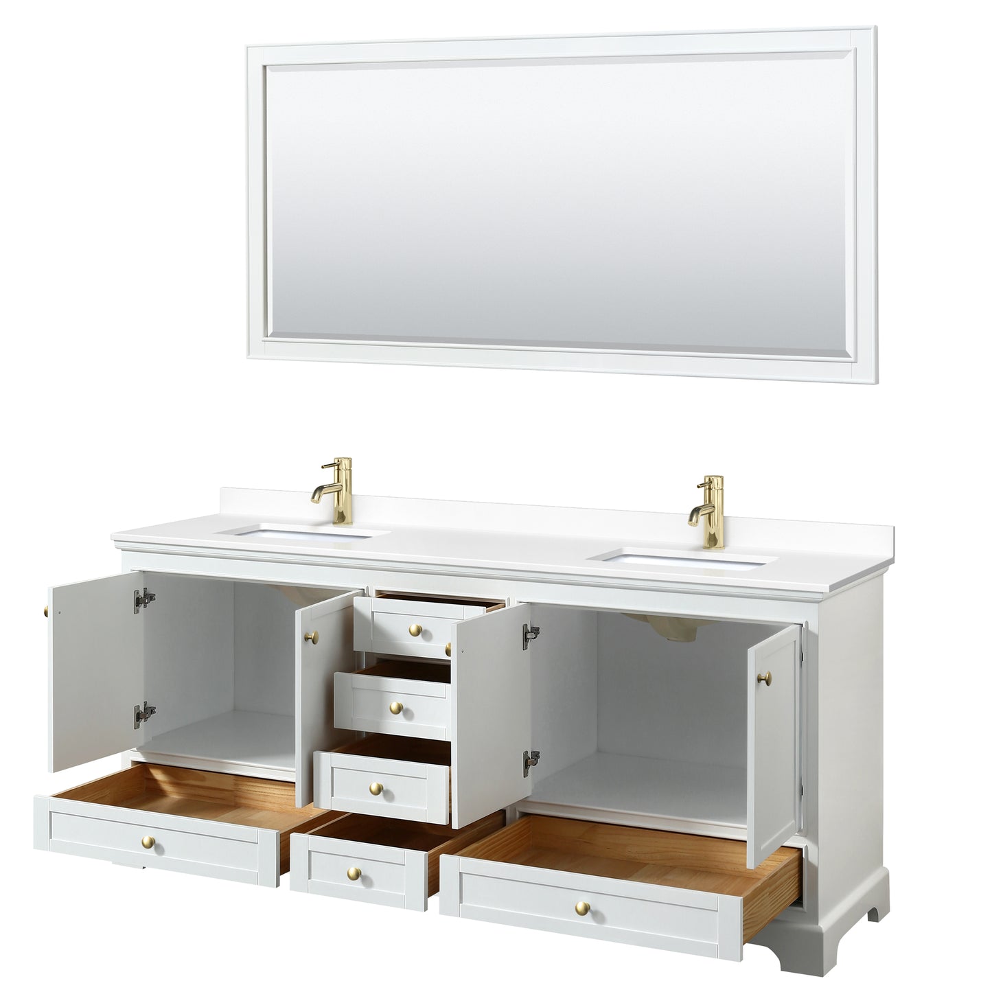 Wyndham Collection Deborah 80 Inch Double Bathroom Vanity in White, Marble Countertop, Undermount Square Sinks, Brushed Gold Trim - Luxe Bathroom Vanities