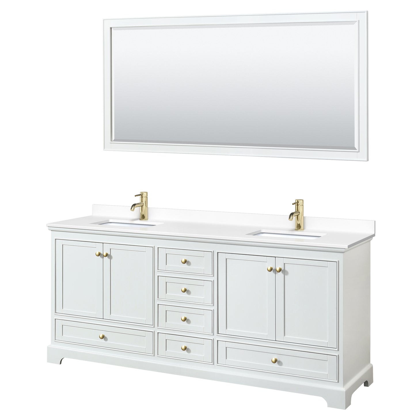 Wyndham Collection Deborah 80 Inch Double Bathroom Vanity in White, Marble Countertop, Undermount Square Sinks, Brushed Gold Trim - Luxe Bathroom Vanities