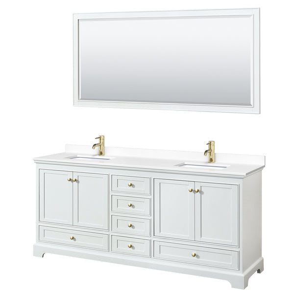 Wyndham Collection Deborah 80 Inch Double Bathroom Vanity in White, Marble Countertop, Undermount Square Sinks, Brushed Gold Trim - Luxe Bathroom Vanities