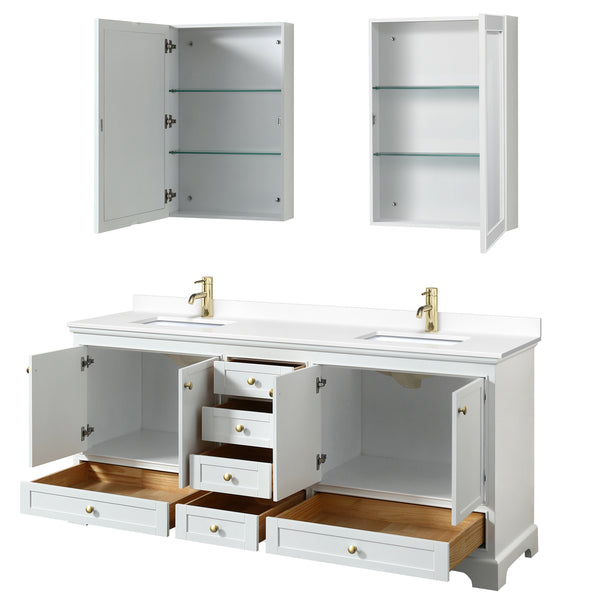 Wyndham Collection Deborah 80 Inch Double Bathroom Vanity in White, Marble Countertop, Undermount Square Sinks, Brushed Gold Trim - Luxe Bathroom Vanities