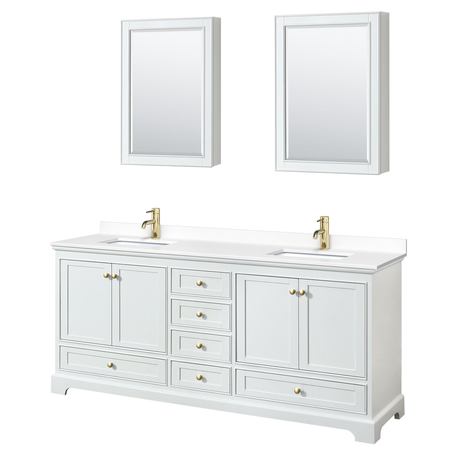 Wyndham Collection Deborah 80 Inch Double Bathroom Vanity in White, Marble Countertop, Undermount Square Sinks, Brushed Gold Trim - Luxe Bathroom Vanities