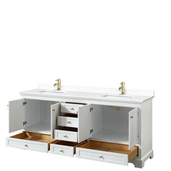 Wyndham Collection Deborah 80 Inch Double Bathroom Vanity in White, Marble Countertop, Undermount Square Sinks, Brushed Gold Trim - Luxe Bathroom Vanities