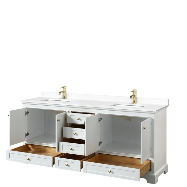 Wyndham Collection Deborah 80 Inch Double Bathroom Vanity in White, Marble Countertop, Undermount Square Sinks, Brushed Gold Trim - Luxe Bathroom Vanities