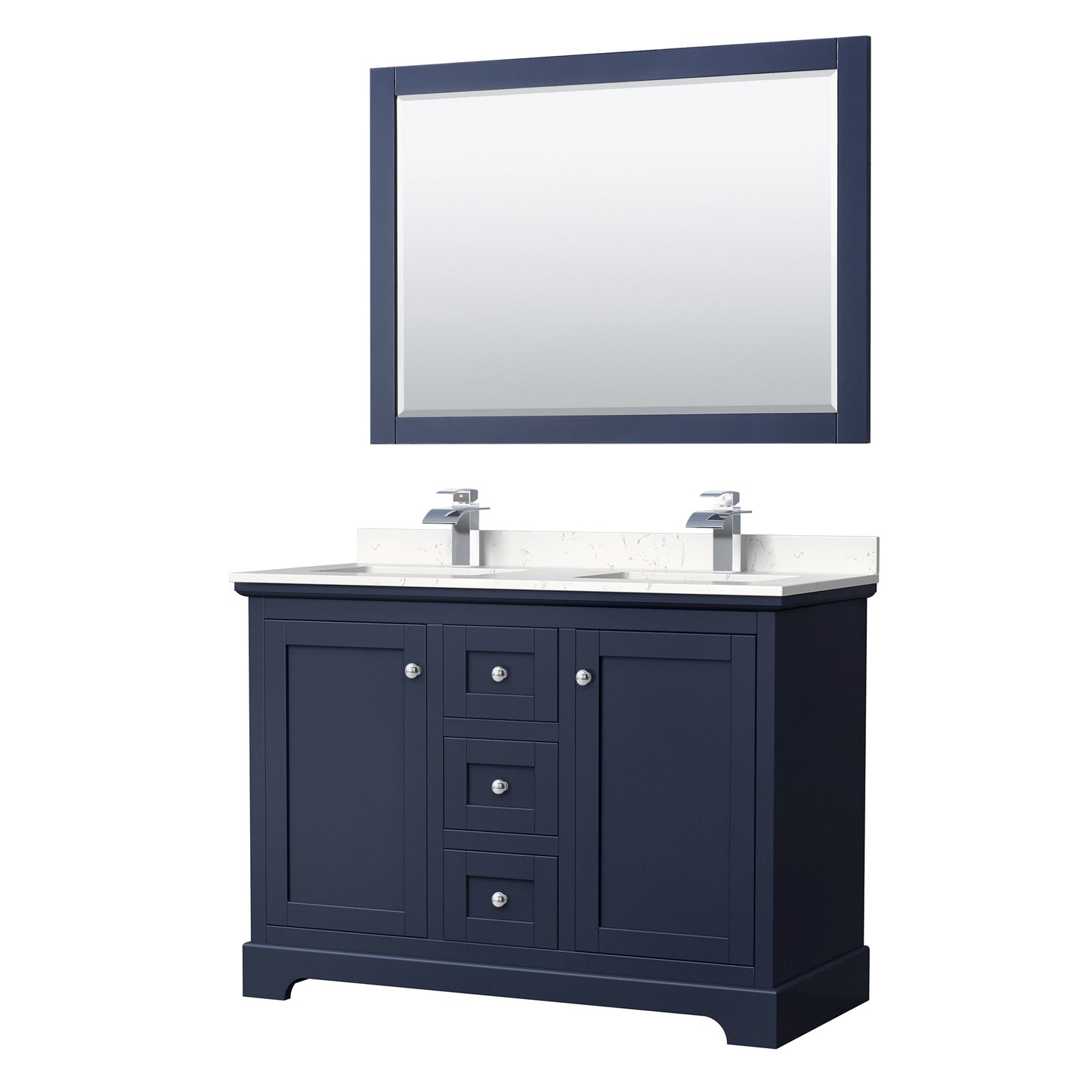 Wyndham Avery 48 Inch Double Bathroom Vanity in Dark Blue, Cultured Marble Countertop, Undermount Square Sinks, Polished Chrome Trim - Luxe Bathroom Vanities