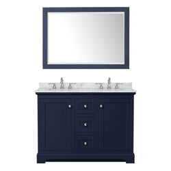 Wyndham Avery 48 Inch Double Bathroom Vanity in Dark Blue, White Carrara Marble Countertop, Undermount Sinks, Polished Chrome Trim - Luxe Bathroom Vanities