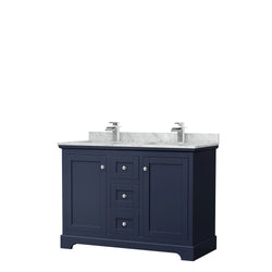 Wyndham Avery 48 Inch Double Bathroom Vanity in Dark Blue, White Carrara Marble Countertop, Undermount Sinks, Polished Chrome Trim - Luxe Bathroom Vanities