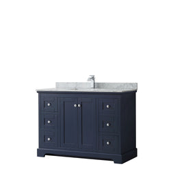 Wyndham Avery 48 Inch Single Bathroom Vanity in Dark Blue, White Carrara Marble Countertop, Undermount Sink, Polished Chrome Trim - Luxe Bathroom Vanities