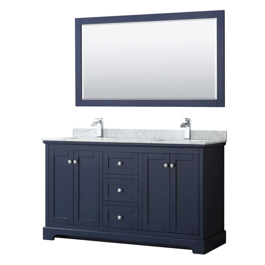 Wyndham Avery 60 Inch Double Bathroom Vanity in Dark Blue, White Carrara Marble Countertop, Undermount Sinks, Polished Chrome Trim - Luxe Bathroom Vanities