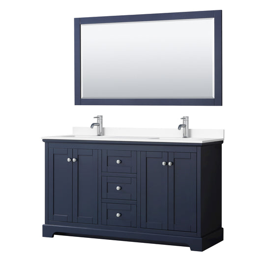 Wyndham Avery 60 Inch Double Bathroom Vanity in Dark Blue, Cultured Marble Countertop, Undermount Square Sinks, Polished Chrome Trim - Luxe Bathroom Vanities