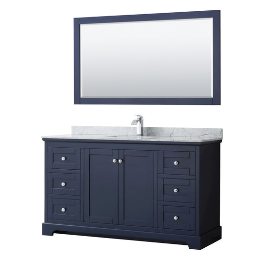 Wyndham Avery 60 Inch Single Bathroom Vanity in Dark Blue, White Carrara Marble Countertop, Undermount Sink, Polished Chrome Trim - Luxe Bathroom Vanities