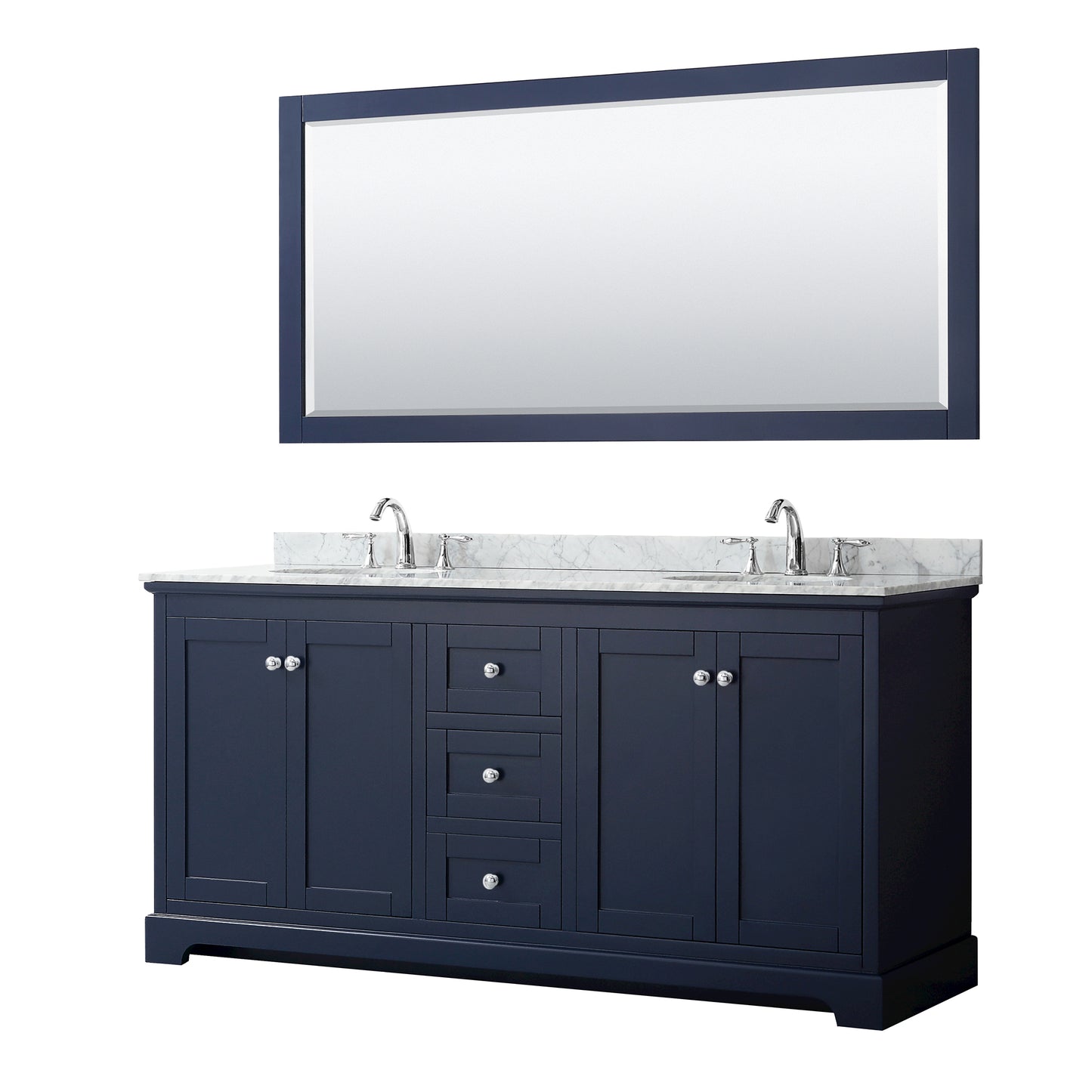 Wyndham Avery 72 Inch Double Bathroom Vanity in Dark Blue, White Carrara Marble Countertop, Undermount Sinks, Polished Chrome Trim - Luxe Bathroom Vanities