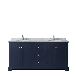 Wyndham Avery 72 Inch Double Bathroom Vanity in Dark Blue, White Carrara Marble Countertop, Undermount Sinks, Polished Chrome Trim - Luxe Bathroom Vanities