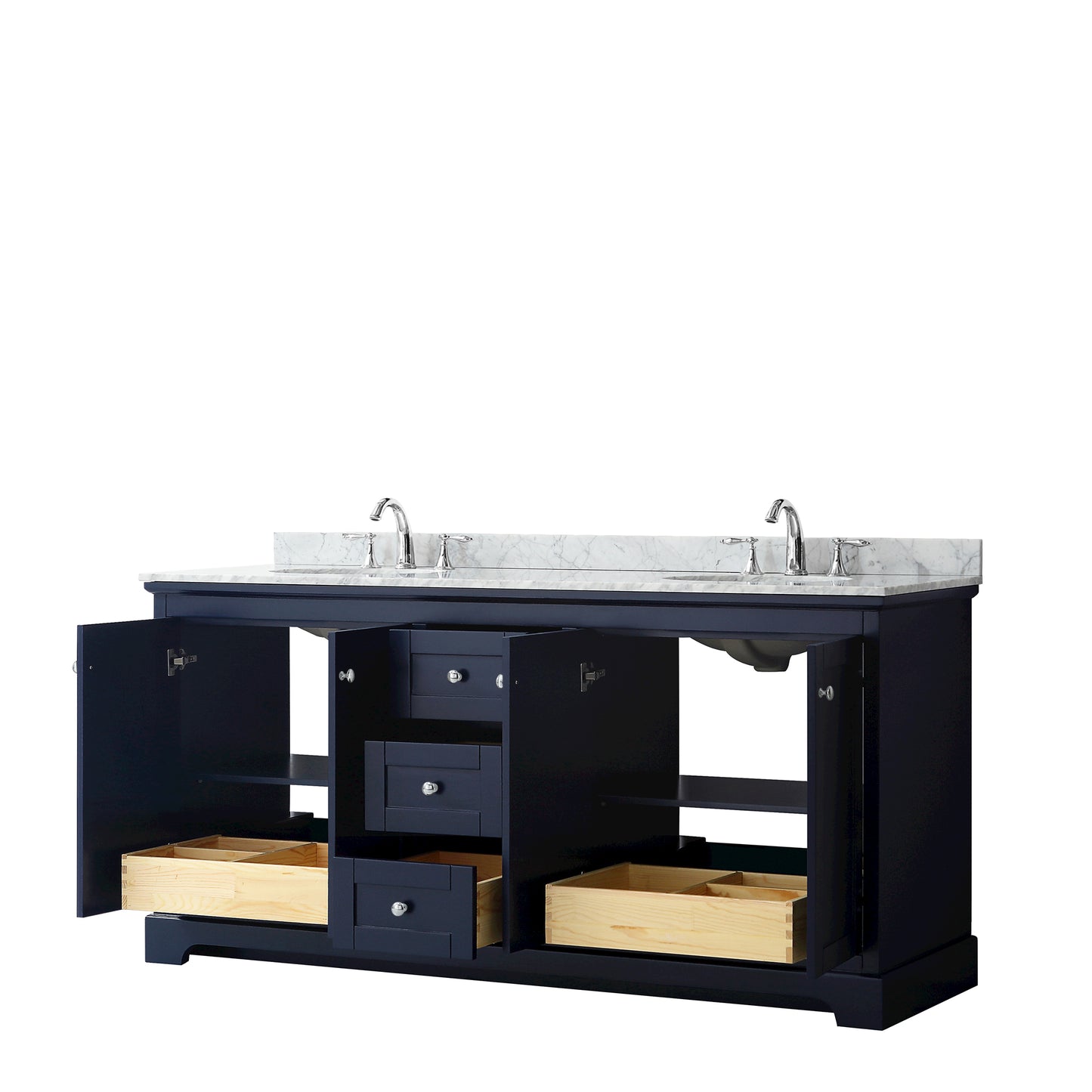 Wyndham Avery 72 Inch Double Bathroom Vanity in Dark Blue, White Carrara Marble Countertop, Undermount Sinks, Polished Chrome Trim - Luxe Bathroom Vanities