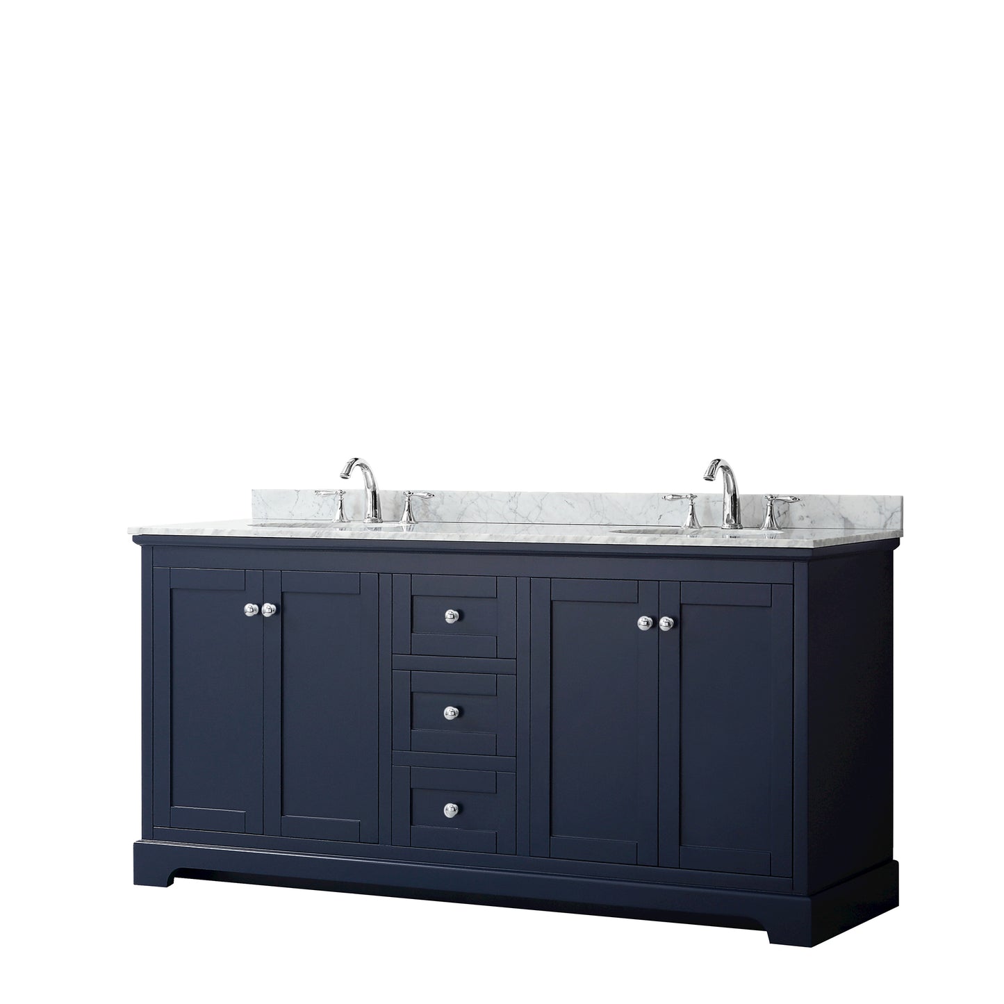 Wyndham Avery 72 Inch Double Bathroom Vanity in Dark Blue, White Carrara Marble Countertop, Undermount Sinks, Polished Chrome Trim - Luxe Bathroom Vanities