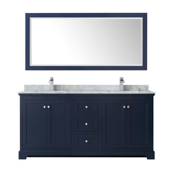 Wyndham Avery 72 Inch Double Bathroom Vanity in Dark Blue, White Carrara Marble Countertop, Undermount Sinks, Polished Chrome Trim - Luxe Bathroom Vanities