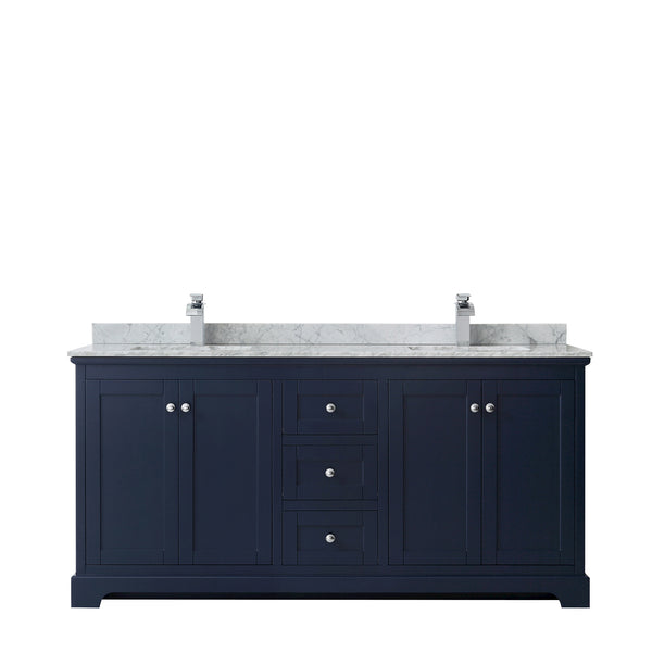 Wyndham Avery 72 Inch Double Bathroom Vanity in Dark Blue, White Carrara Marble Countertop, Undermount Sinks, Polished Chrome Trim - Luxe Bathroom Vanities