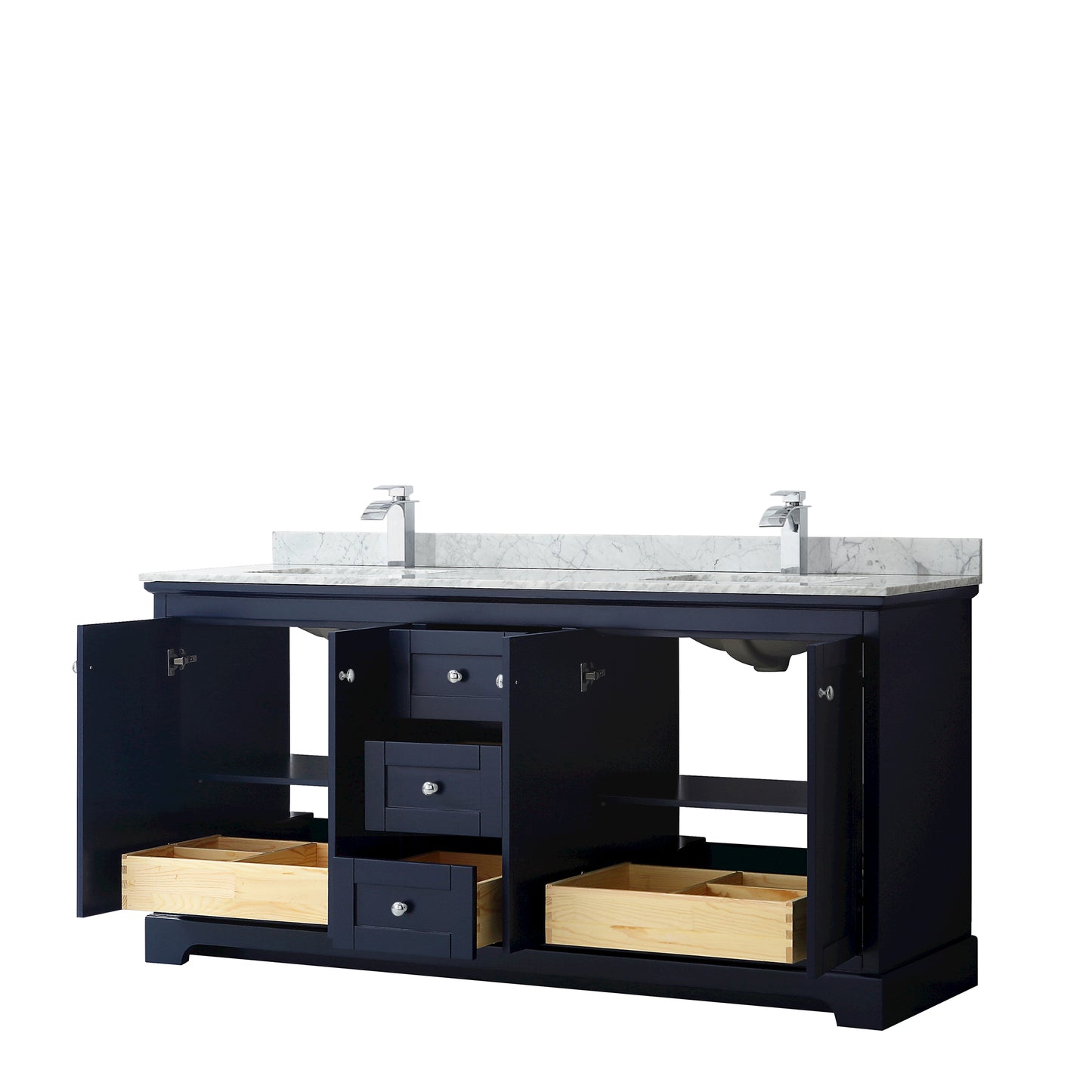 Wyndham Avery 72 Inch Double Bathroom Vanity in Dark Blue, White Carrara Marble Countertop, Undermount Sinks, Polished Chrome Trim - Luxe Bathroom Vanities