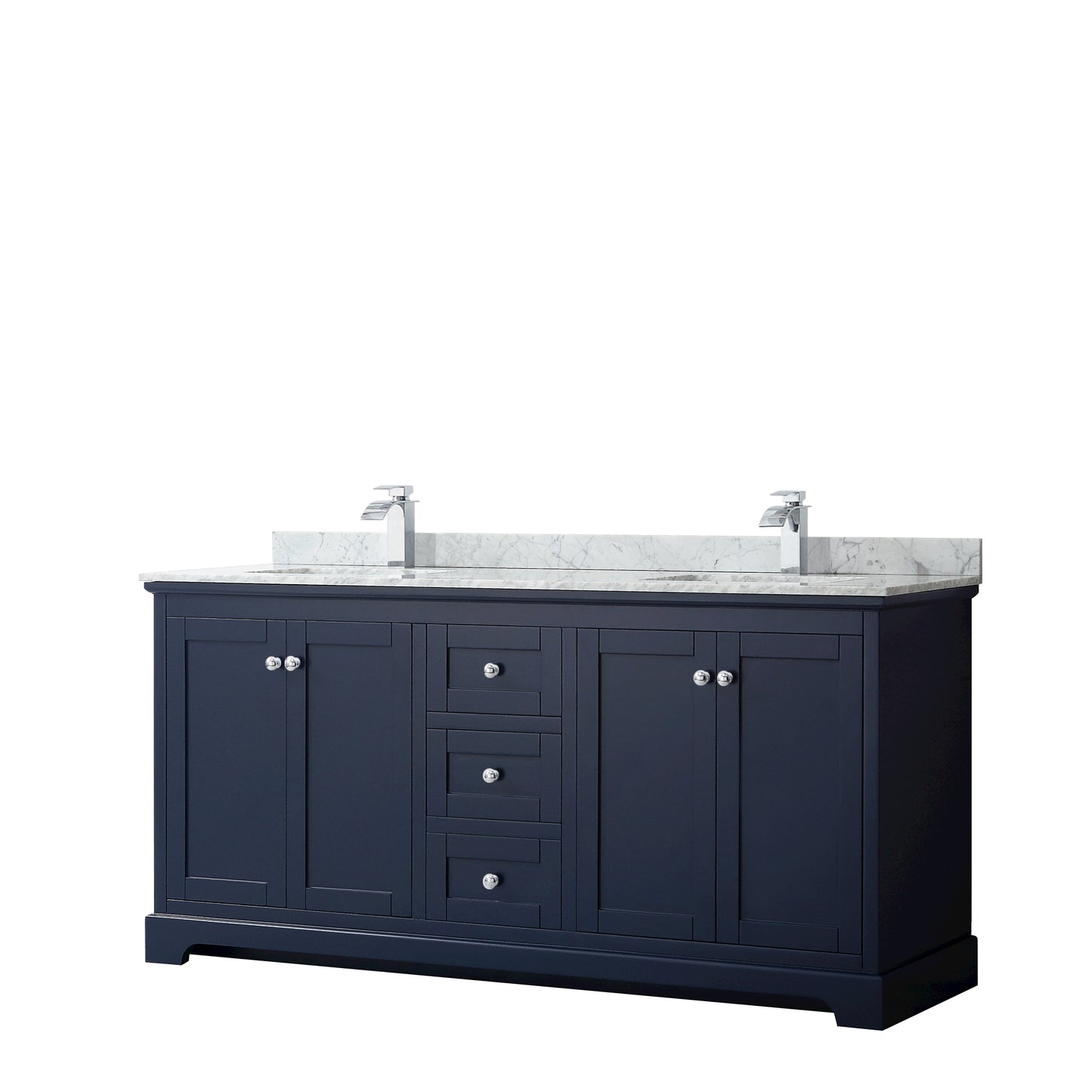 Wyndham Avery 72 Inch Double Bathroom Vanity in Dark Blue, White Carrara Marble Countertop, Undermount Sinks, Polished Chrome Trim - Luxe Bathroom Vanities