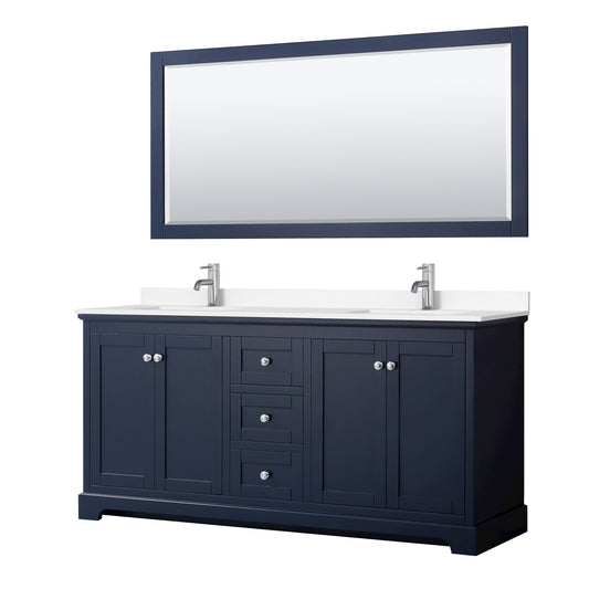 Wyndham Avery 72 Inch Double Bathroom Vanity in Dark Blue, Cultured Marble Countertop, Undermount Square Sinks, Polished Chrome Trim - Luxe Bathroom Vanities