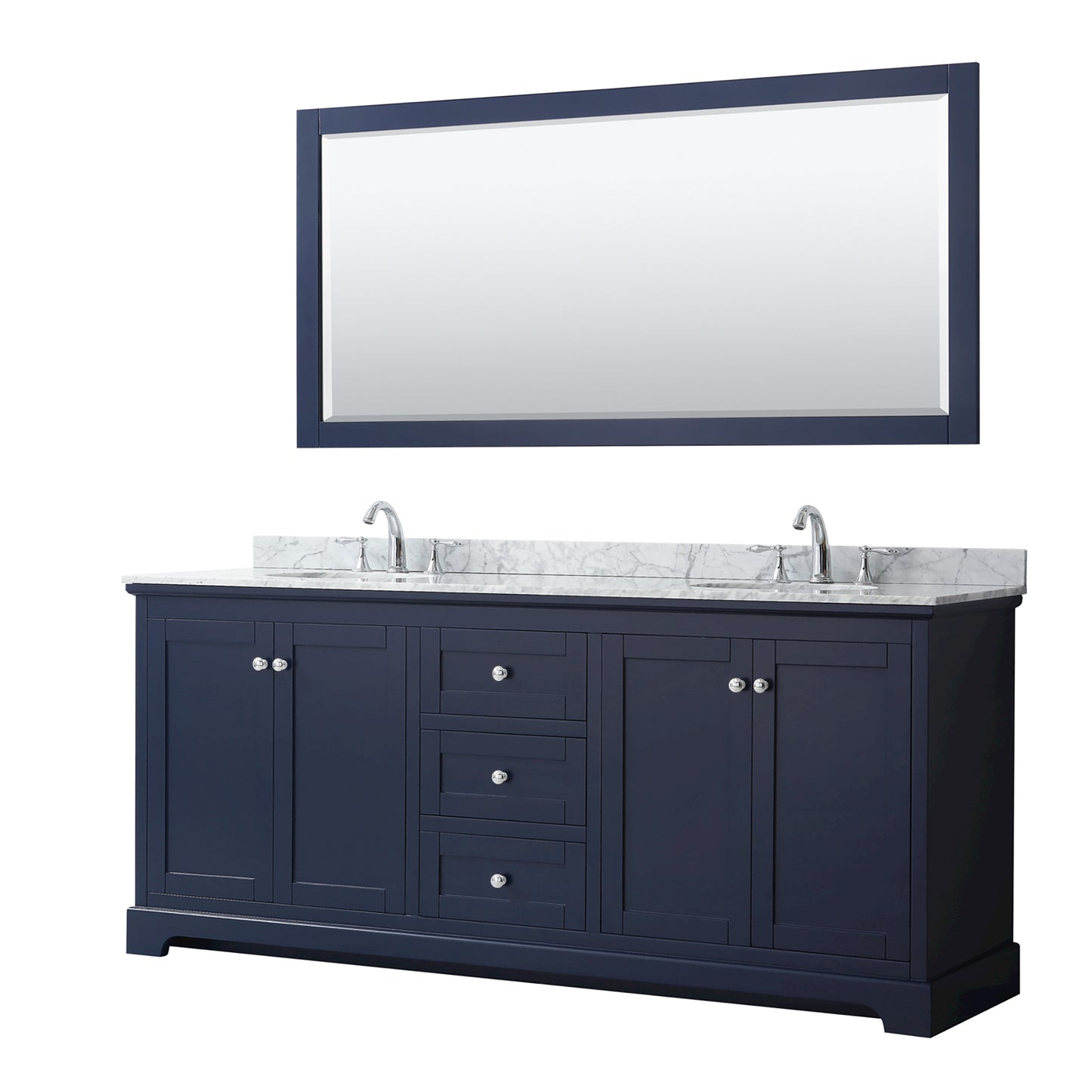 Wyndham Avery 80 Inch Double Bathroom Vanity in Dark Blue, White Carrara Marble Countertop, Undermount Sinks, Polished Chrome Trim - Luxe Bathroom Vanities