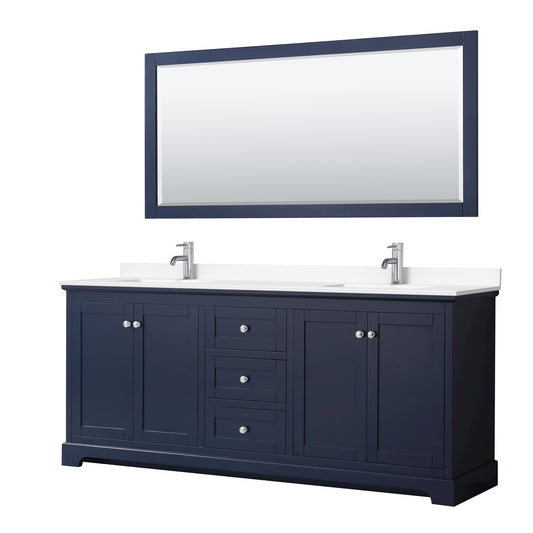 Wyndham Avery 80 Inch Double Bathroom Vanity in Dark Blue, Cultured Marble Countertop, Undermount Square Sinks, Polished Chrome Trim - Luxe Bathroom Vanities