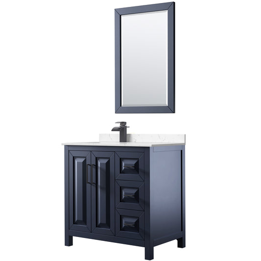 Wyndham Collection Daria 36 Inch Single Bathroom Vanity in Dark Blue, Marble Countertop, Undermount Square Sink, 24 Inch Mirror - Luxe Bathroom Vanities