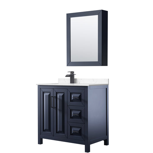 Wyndham Collection Daria 36 Inch Single Bathroom Vanity in Dark Blue, Marble Countertop, Undermount Square Sink, Medicine Cabinet - Luxe Bathroom Vanities