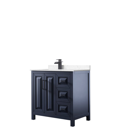 Wyndham Collection Daria 36 Inch Single Bathroom Vanity in Dark Blue, Marble Countertop, Undermount Square Sink - Luxe Bathroom Vanities