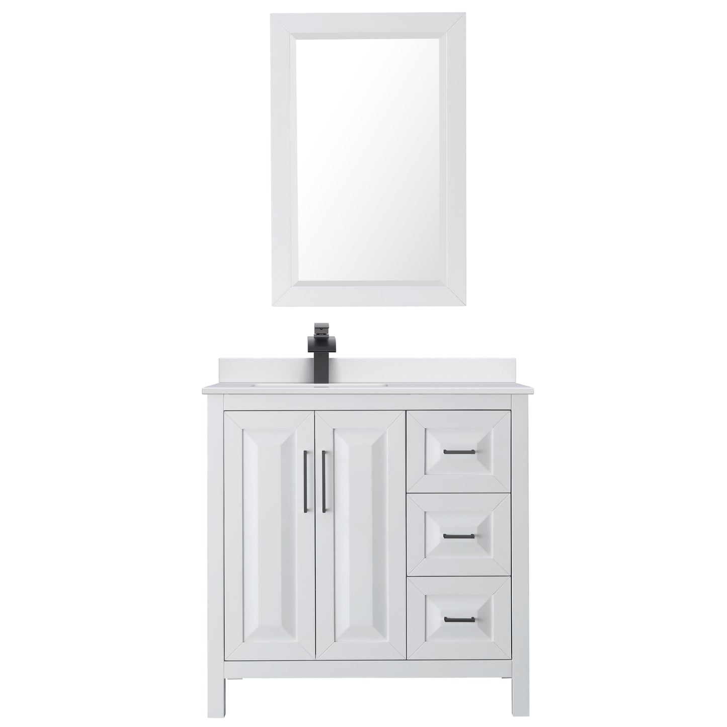 Wyndham Collection Daria 36 Inch Single Bathroom Vanity in White, Marble Countertop, Undermount Square Sink, 24 Inch Mirror - Luxe Bathroom Vanities