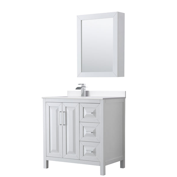 Wyndham Collection Daria 36 Inch Single Bathroom Vanity in White, Marble Countertop, Undermount Square Sink, Medicine Cabinet - Luxe Bathroom Vanities
