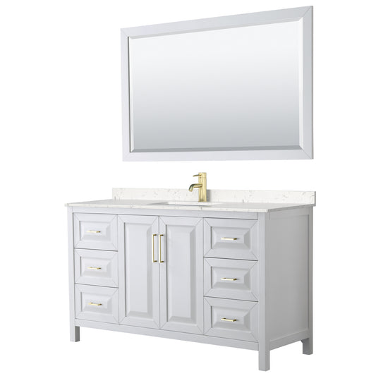 Wyndham Collection Daria 60 Inch Single Bathroom Vanity in White, Marble Countertop, Undermount Square Sink, Brushed Gold Trim - Luxe Bathroom Vanities