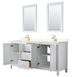 Wyndham Collection Daria 72 Inch Double Bathroom Vanity in White, Marble Countertop, Undermount Square Sinks, 24 Inch Mirrors, Brushed Gold Trim - Luxe Bathroom Vanities