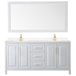 Wyndham Collection Daria 72 Inch Double Bathroom Vanity in White, Marble Countertop, Undermount Square Sinks, 70 Inch Mirror, Brushed Gold Trim - Luxe Bathroom Vanities