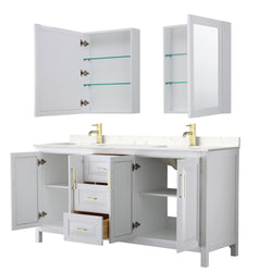 Wyndham Collection Daria 72 Inch Double Bathroom Vanity in White, Marble Countertop, Undermount Square Sinks, Medicine Cabinets, Brushed Gold Trim - Luxe Bathroom Vanities