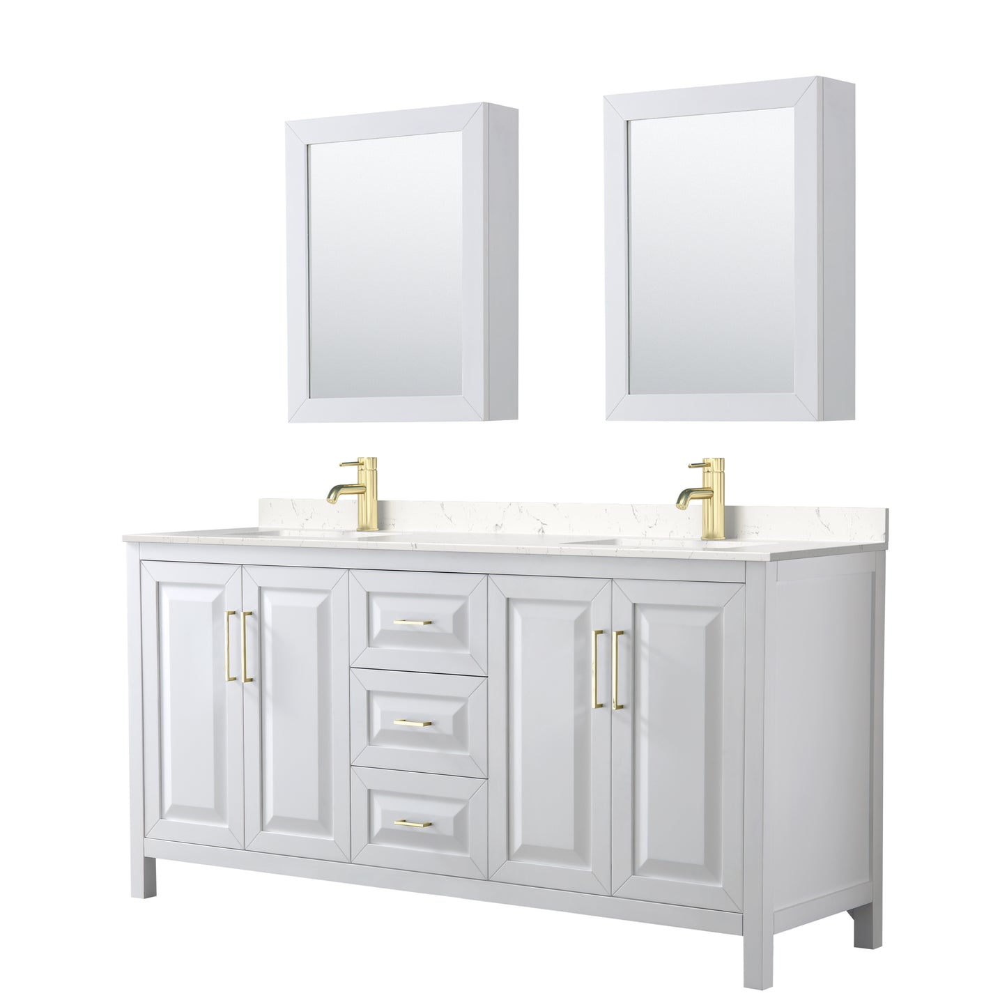 Wyndham Collection Daria 72 Inch Double Bathroom Vanity in White, Marble Countertop, Undermount Square Sinks, Medicine Cabinets, Brushed Gold Trim - Luxe Bathroom Vanities