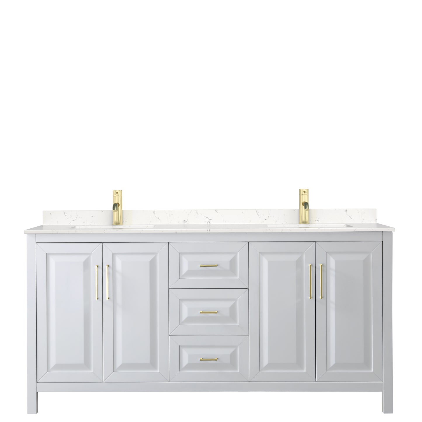 Wyndham Collection Daria 72 Inch Double Bathroom Vanity in White, Marble Countertop, Undermount Square Sinks, Brushed Gold Trim - Luxe Bathroom Vanities