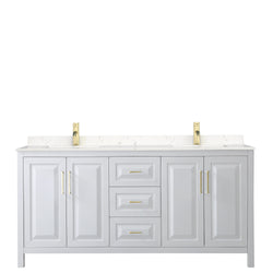 Wyndham Collection Daria 72 Inch Double Bathroom Vanity in White, Marble Countertop, Undermount Square Sinks, Brushed Gold Trim - Luxe Bathroom Vanities