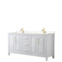 Wyndham Collection Daria 72 Inch Double Bathroom Vanity in White, Marble Countertop, Undermount Square Sinks, Brushed Gold Trim - Luxe Bathroom Vanities