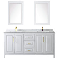 Wyndham Collection Daria 72 Inch Double Bathroom Vanity in White, Marble Countertop, Undermount Square Sinks, 24 Inch Mirrors, Brushed Gold Trim - Luxe Bathroom Vanities