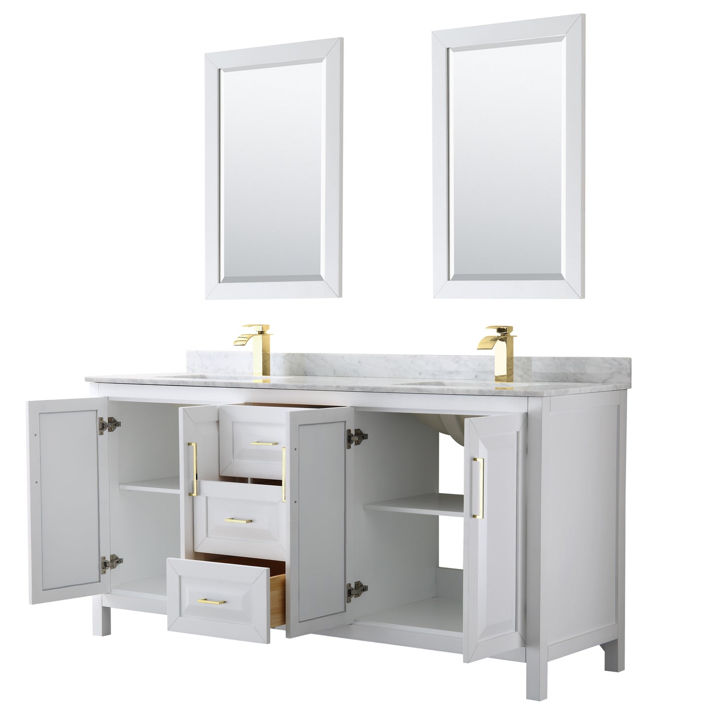 Wyndham Collection Daria 72 Inch Double Bathroom Vanity in White, Marble Countertop, Undermount Square Sinks, 24 Inch Mirrors, Brushed Gold Trim - Luxe Bathroom Vanities