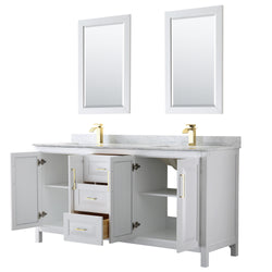 Wyndham Collection Daria 72 Inch Double Bathroom Vanity in White, Marble Countertop, Undermount Square Sinks, 24 Inch Mirrors, Brushed Gold Trim - Luxe Bathroom Vanities