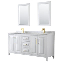 Wyndham Collection Daria 72 Inch Double Bathroom Vanity in White, Marble Countertop, Undermount Square Sinks, 24 Inch Mirrors, Brushed Gold Trim - Luxe Bathroom Vanities