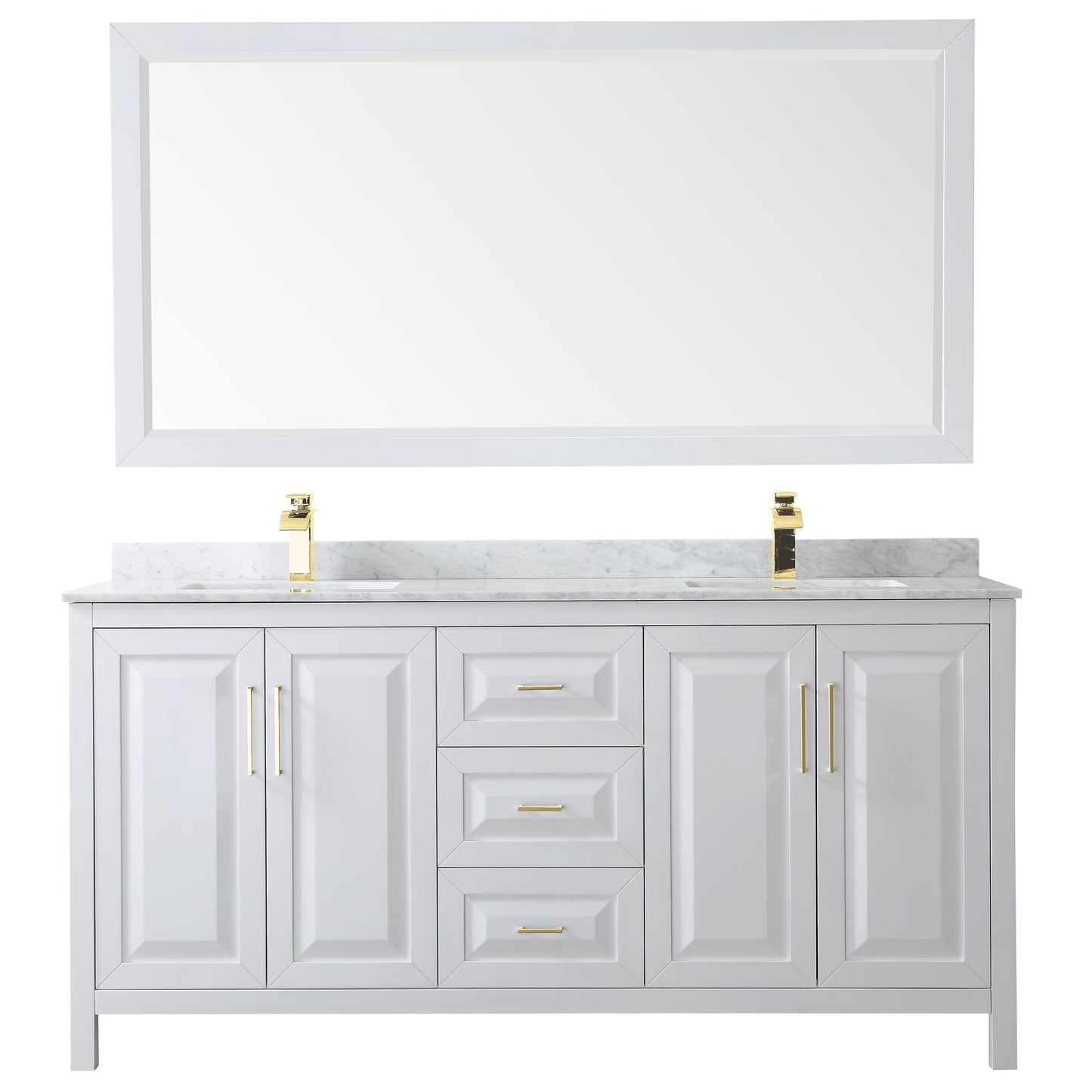 Wyndham Collection Daria 72 Inch Double Bathroom Vanity in White, Marble Countertop, Undermount Square Sinks, 70 Inch Mirror, Brushed Gold Trim - Luxe Bathroom Vanities