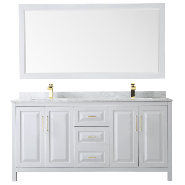 Wyndham Collection Daria 72 Inch Double Bathroom Vanity in White, Marble Countertop, Undermount Square Sinks, 70 Inch Mirror, Brushed Gold Trim - Luxe Bathroom Vanities