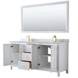 Wyndham Collection Daria 72 Inch Double Bathroom Vanity in White, Marble Countertop, Undermount Square Sinks, 70 Inch Mirror, Brushed Gold Trim - Luxe Bathroom Vanities