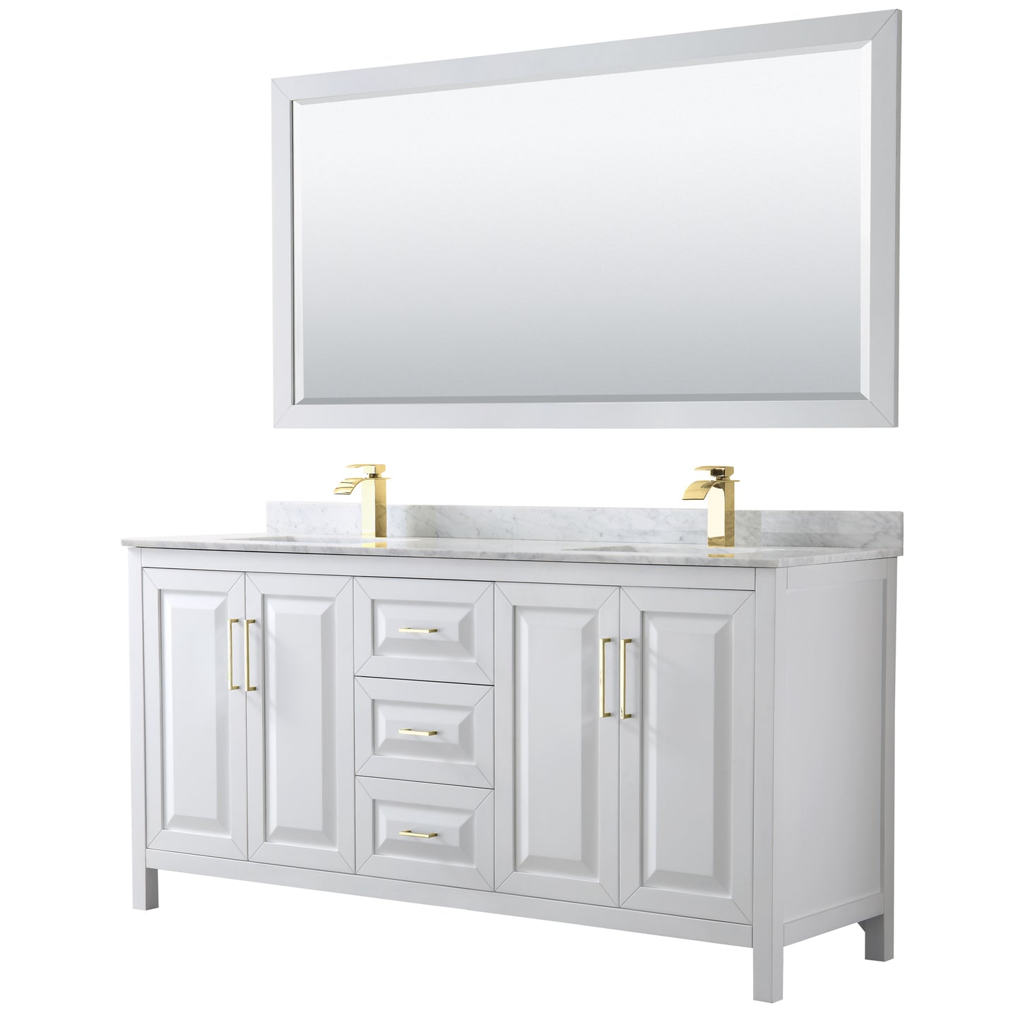 Wyndham Collection Daria 72 Inch Double Bathroom Vanity in White, Marble Countertop, Undermount Square Sinks, 70 Inch Mirror, Brushed Gold Trim - Luxe Bathroom Vanities